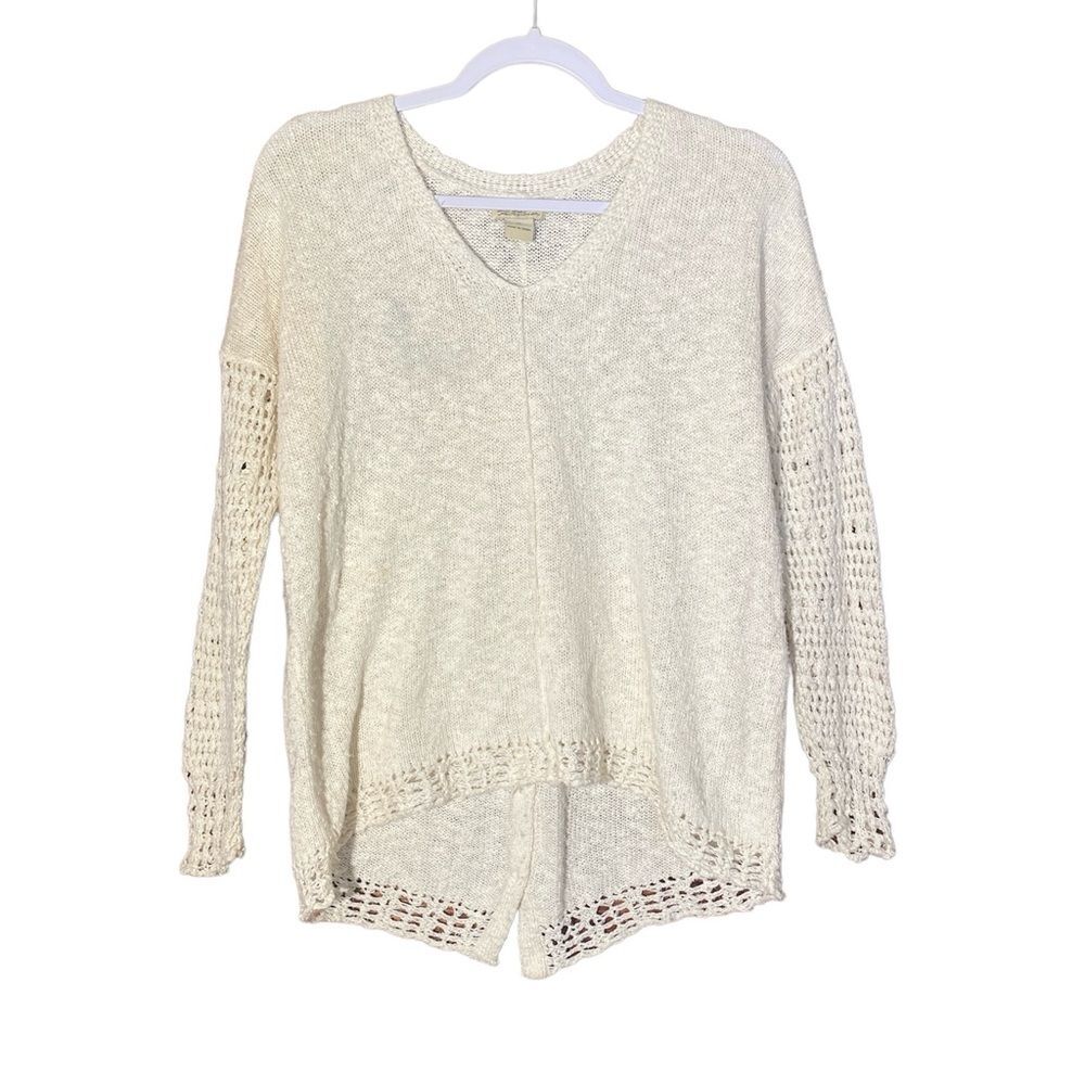 Lucky Brand Cream Mixed Weave Chunky Knit BOHO Pullover V Neck Sweater Size M